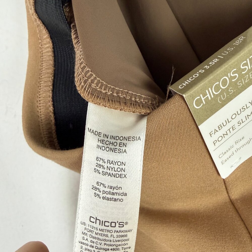 NWT Chico's Fabulously Slimming Ponte Slim Pant Classic Camel Plus Size 18 R NEW - Picture 11 of 11